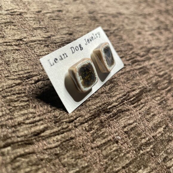Handmade Ceramic & Glass Earrings Stud Post plug Brown white Square Cube - Picture 2 of 4